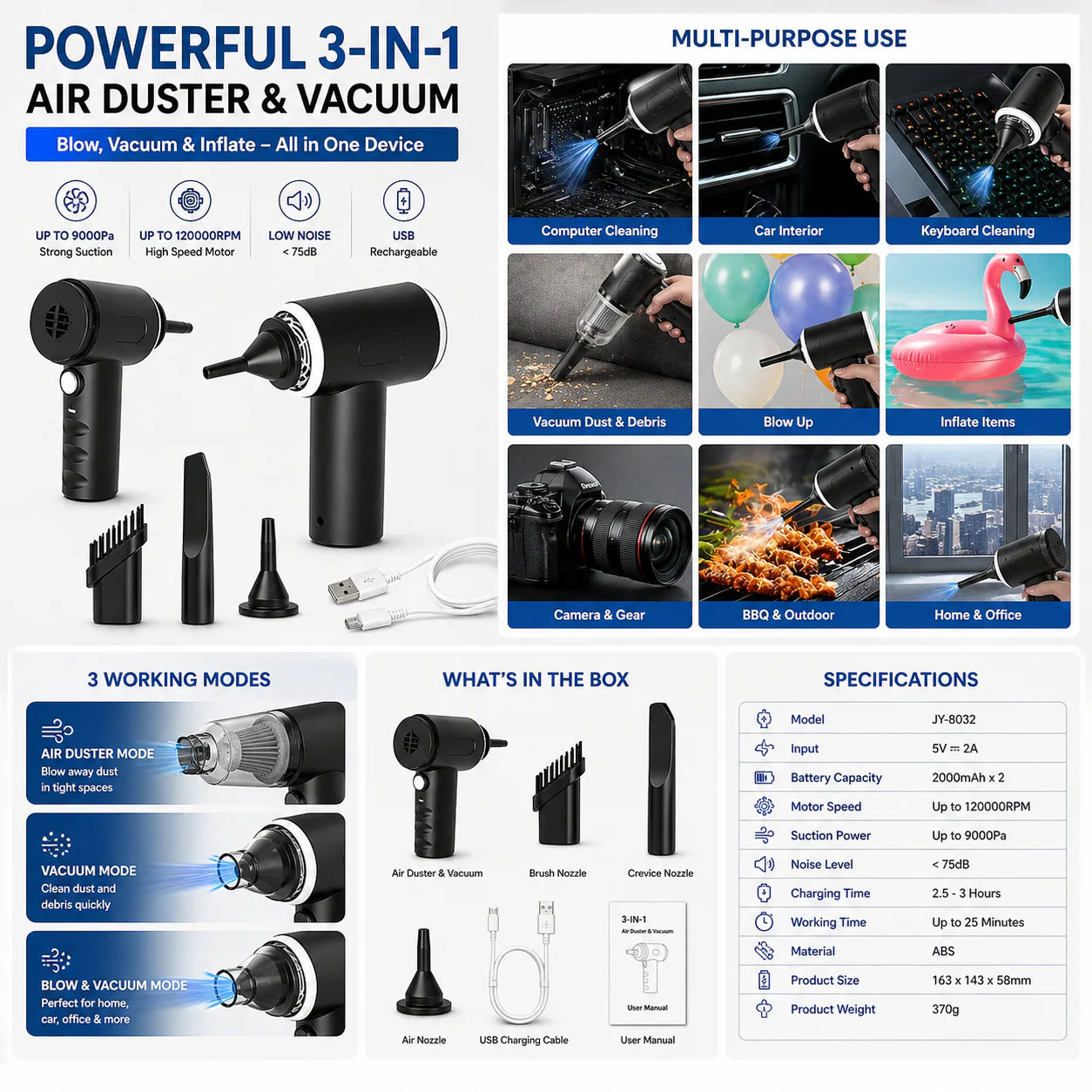 3 in 1 Wireless Vaccum cleaner , HIgh Suction Power for Cleaning
